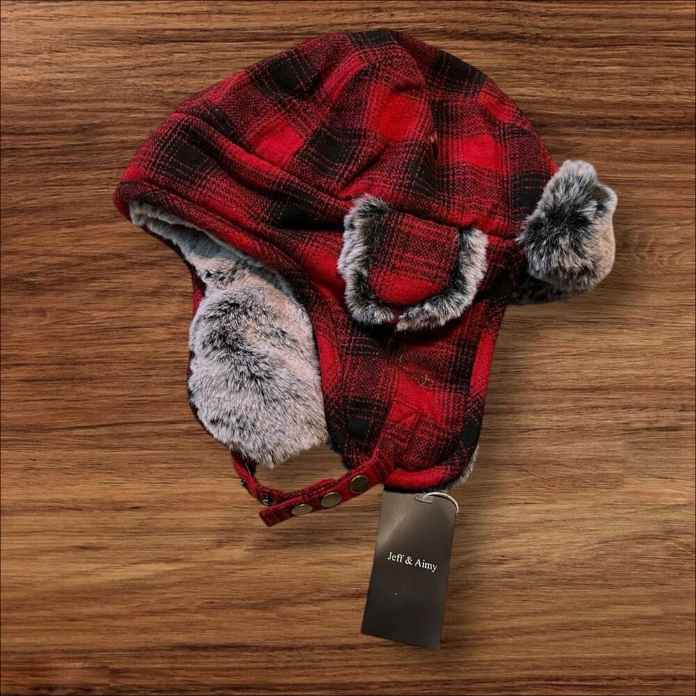 Comhats Red Plaid Faux Fur Trapper Aviator Winter Hat Ear Flaps 60cm
